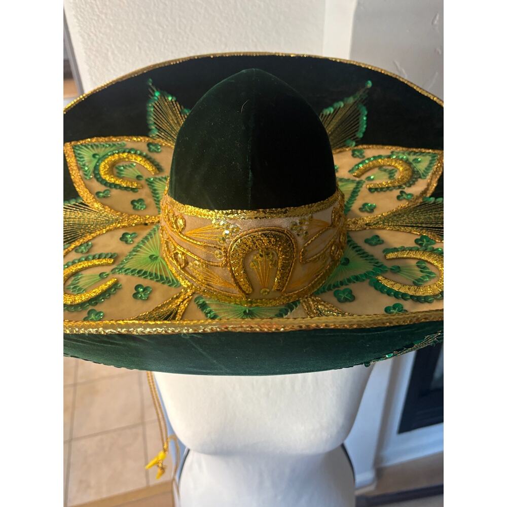 Pigalle Salazar Green Velvet Gold Sombrero Made In Mexico - Picture 3 of 7